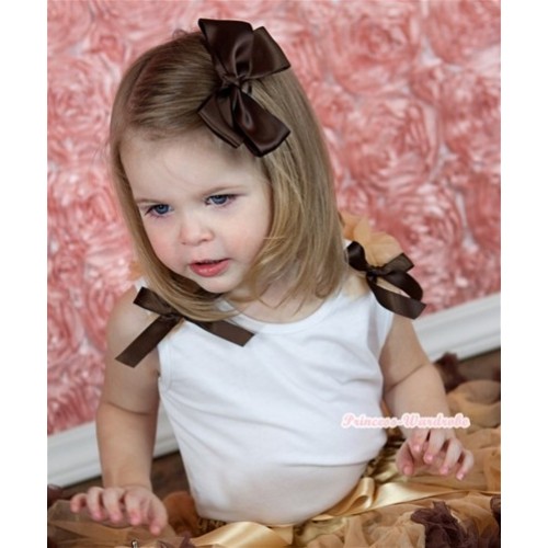 White Tank Top with Goldenrod Ruffles and Brown Bow T473 